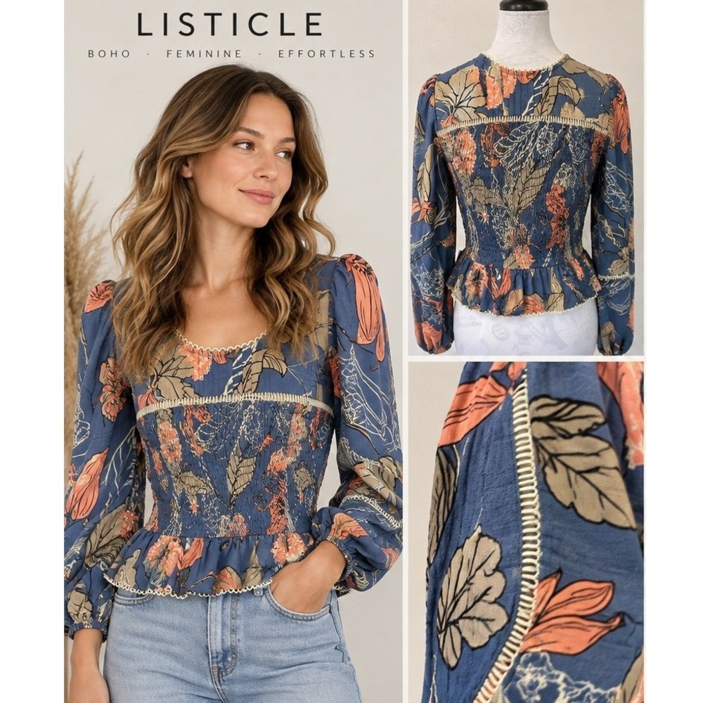 Listicle Floral Blouse Women Medium Boho Cottagecore Smocked Peplum Puff Sleeve